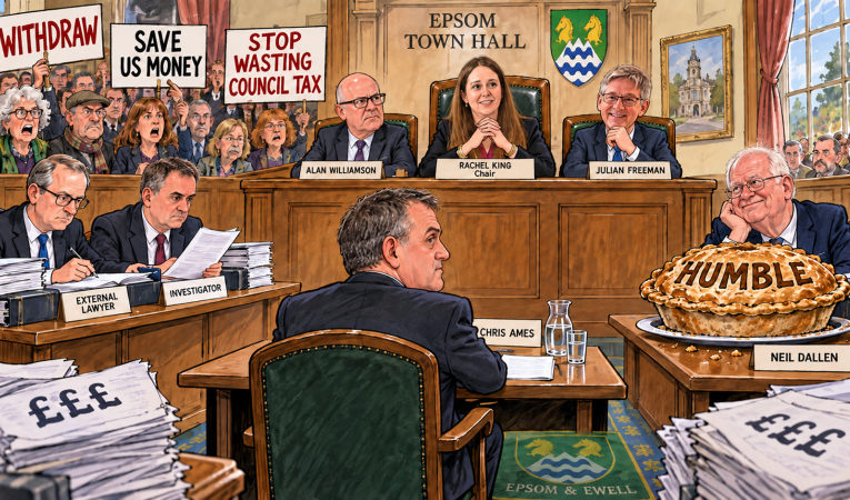 Cartoon showing Dallen at the committee with a humble pie to eat