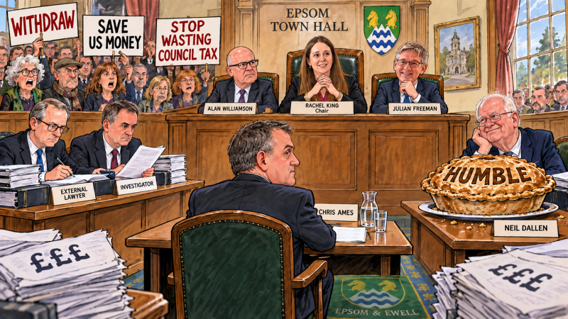 Cartoon showing Dallen at the committee with a humble pie to eat