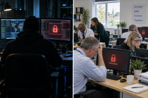 Split screen idealised image - hacker and stressed government officials at their terminals