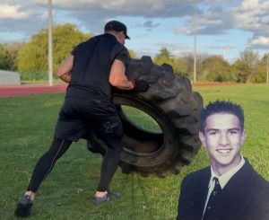 James Farmer flipping a tyre and inset when head Glyn boy