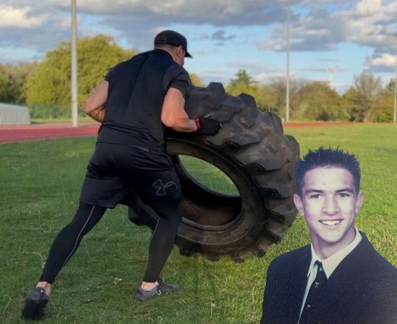 James Farmer flipping a tyre and inset when head Glyn boy