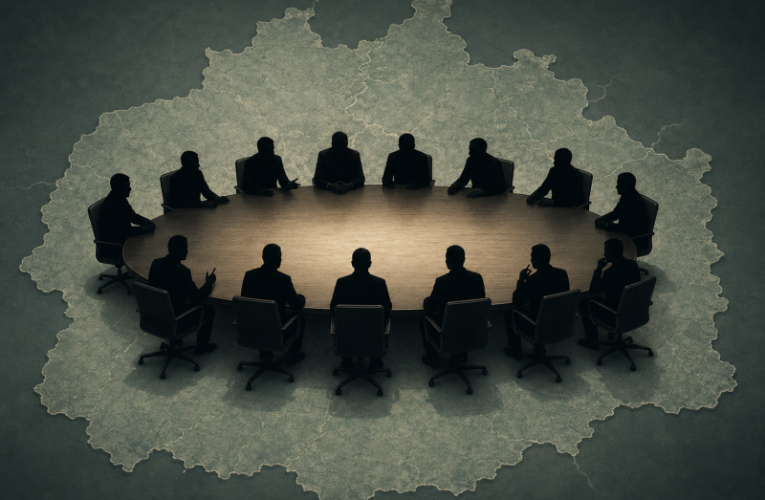 A meeting sat around a table silhouetted against backdrop of a map of surrey