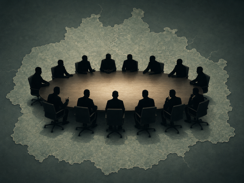 A meeting sat around a table silhouetted against backdrop of a map of surrey