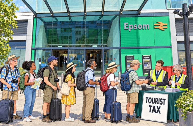 Tourists queuing outside Epsom Railway Station to pay their tax. Cartoon.