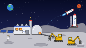 Cartoon of moon dust factory and rockets