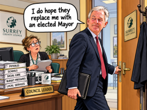 Cartoon Oliver leaving his office saying to his secretary "I do hope they replace me with an elected Mayor".