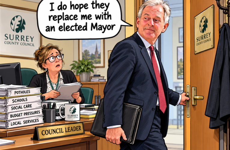 Cartoon Oliver leaving his office saying to his secretary "I do hope they replace me with an elected Mayor".