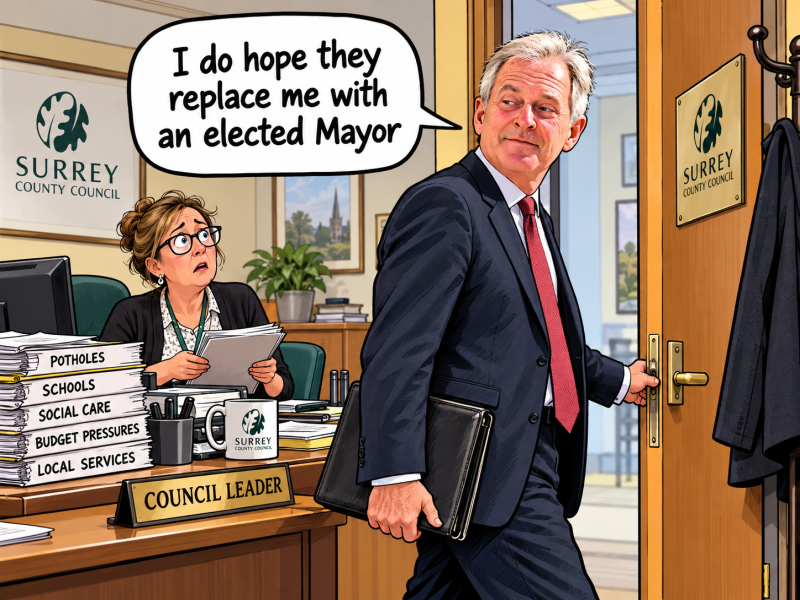 Cartoon Oliver leaving his office saying to his secretary "I do hope they replace me with an elected Mayor".