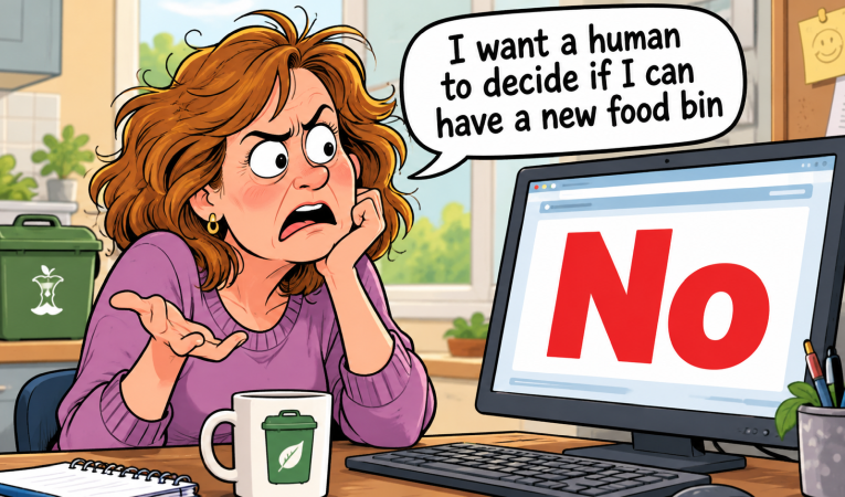 Cartoon of woman demainding a human decide is she can have a new food bin not a computer