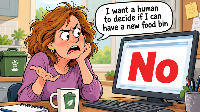 Cartoon of woman demainding a human decide is she can have a new food bin not a computer
