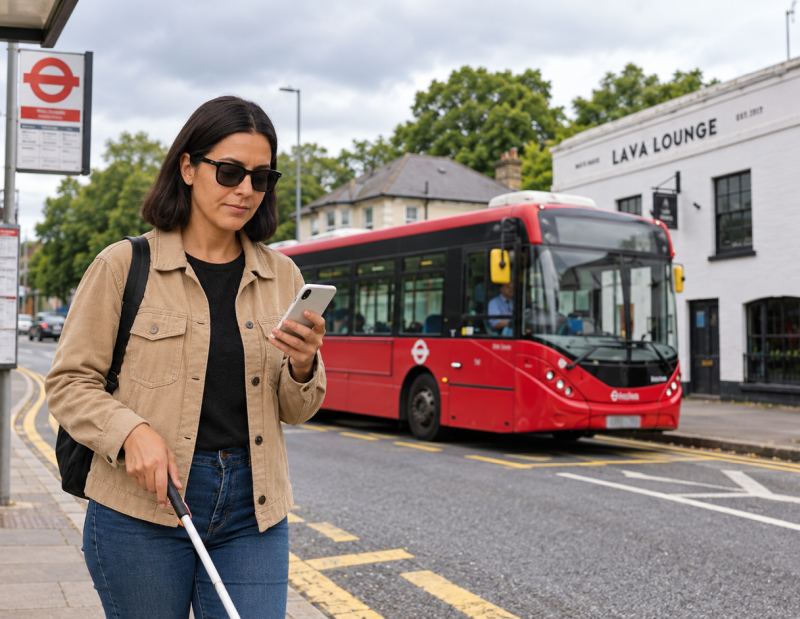 Idealised representation of app user at a bus stop near Epsom Hospital