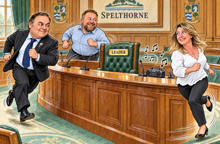 Cartoon of the Spelthrne leaders playing musical chairs around the leader's chamber seat