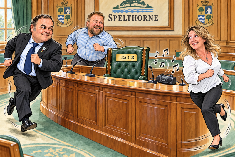 Cartoon of the Spelthrne leaders playing musical chairs around the leader's chamber seat