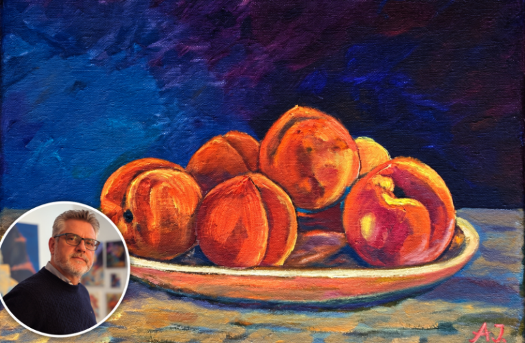 Peaches on Navy painting with artist Artan inset