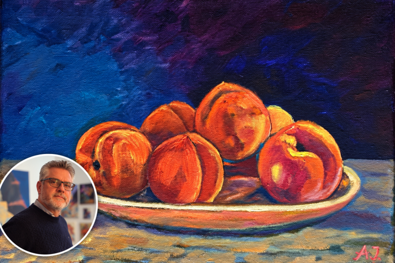 Peaches on Navy painting with artist Artan inset