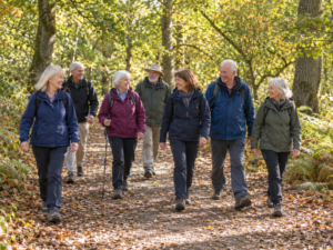 Group of middle aged walking in woods