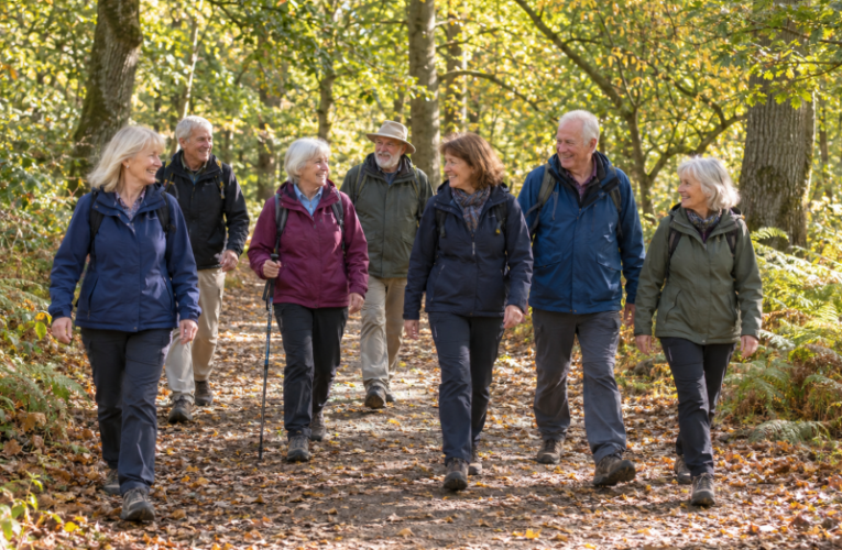 Group of middle aged walking in woods