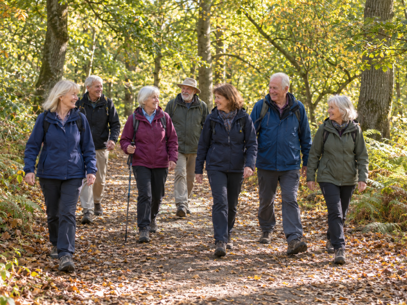 Group of middle aged walking in woods